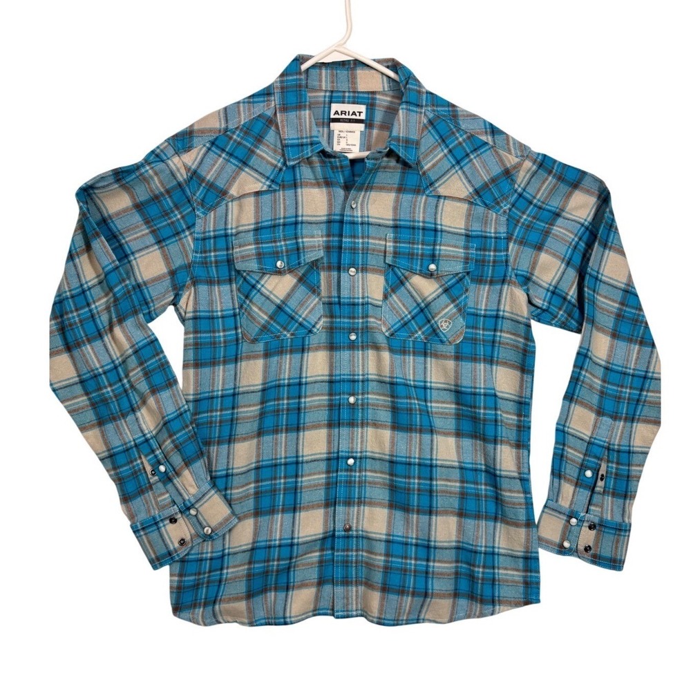 Ariat Mens Retro Fit Blue Plaid Pearl Snap Western Long‎ Sleeve Shirt Large